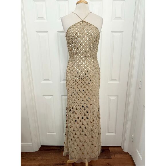 Aidan Mattox Gold Sequin Beaded Embroidered Halter Neck Mermaid Gown Dress 8 - Picture 1 of 8